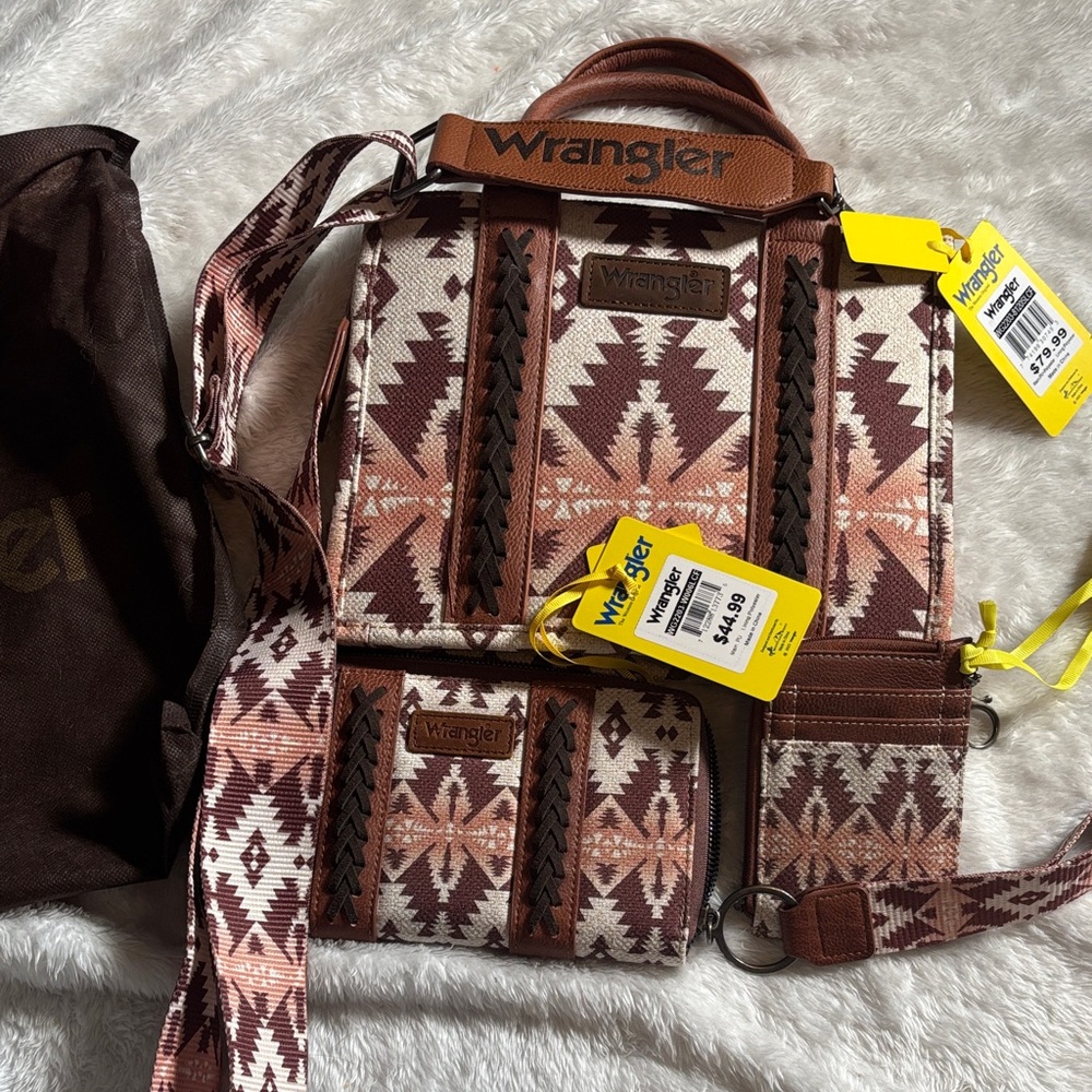 Wrangler Tan and Cream SW Aztec Patterned mini crossbody totes and Wallets